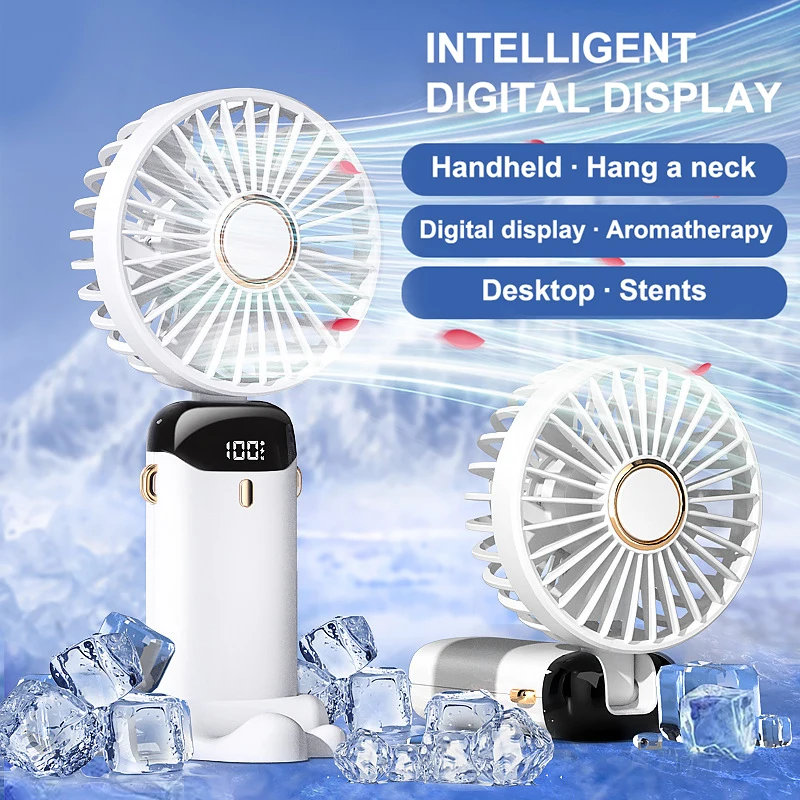 Mini Portable Fan USB Charging Lazy Fan Led Light Display Small Desk Fan Outdoor Camping Home Air Condition Handheld Fan 5 Speed