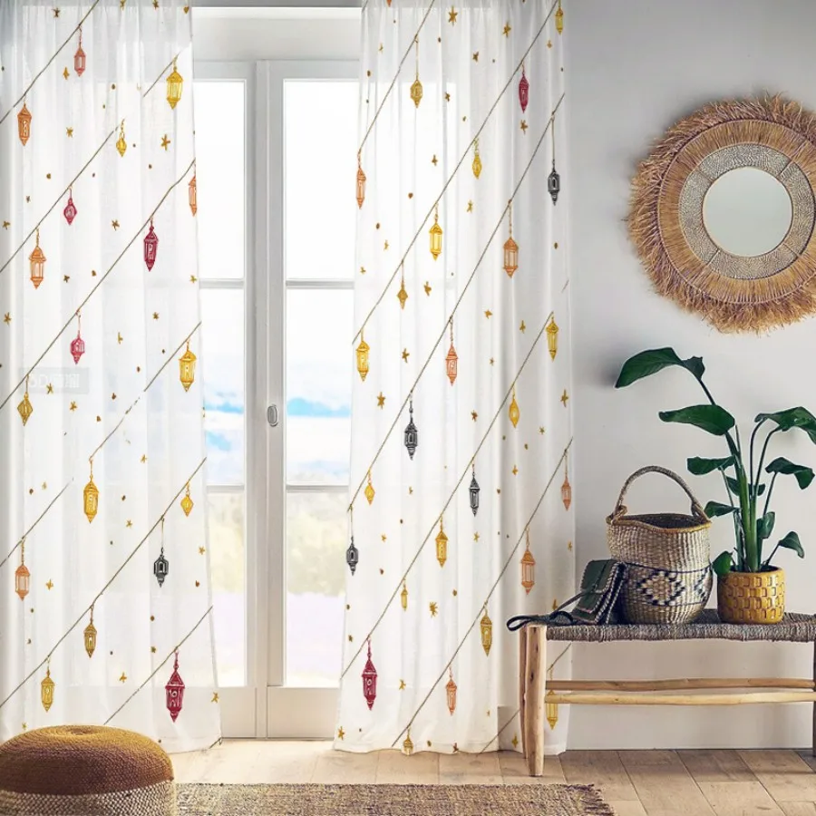2PCS Digital Print Sheer Curtains, Diagonal String Lights Pattern, Modern Geometric Festival for Bedroom Living Room Home Decor