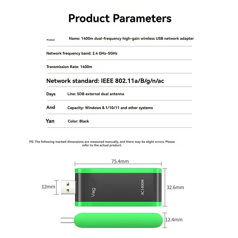 Receptor Wifi 5G, adaptador WIFI Bluetooth de doble banda, antena de tarjeta de red USB3.0 inalámbrica de 1400M para PC/portátil Win10