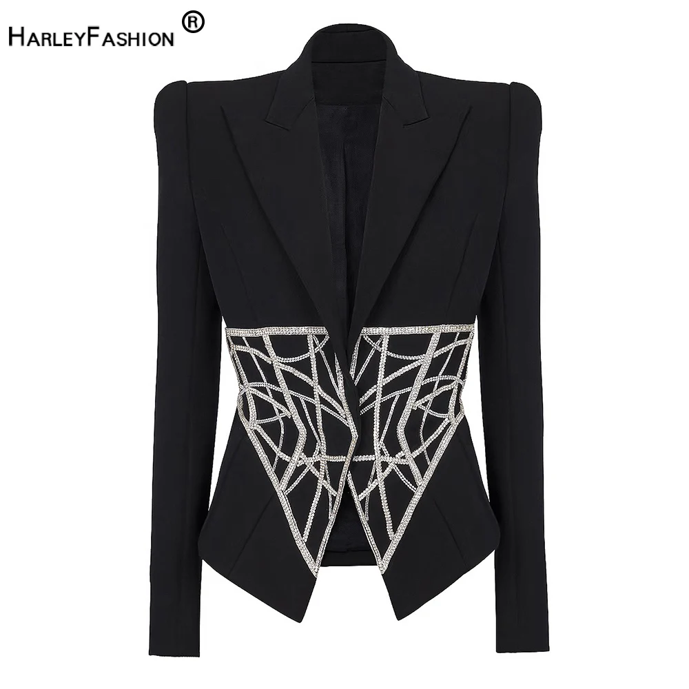 2023 New Autumn Luxury Designer European Rhinestone Shining Diamonds Slim Waist Black Women Occasion Wear Blazers