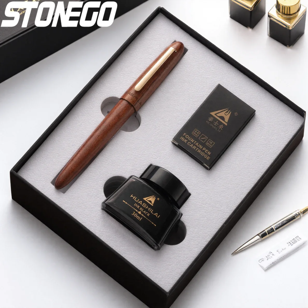 

Luxury Fountain Pen Set 07mm 24K Gold Plated Nibs Pure Wood Pens Rotating Cap 30ml Ink Gift