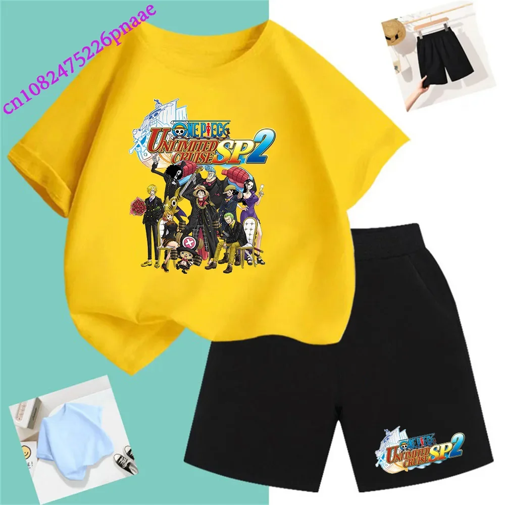 One Piece Pirate King Fashion Summer 2024 Cheap Girl Short T Shirt Kid Clothes Shorts Child Set Fashion Kawaii O-neck T-shirt