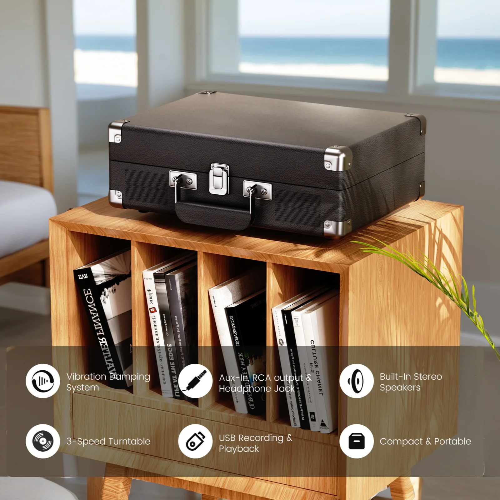 MAIO platenspeler, 3 snelheden 33/45/78 RPM vinylspinner met 2 ingebouwde stereoluidsprekers, hoofdtelefoonaansluiting