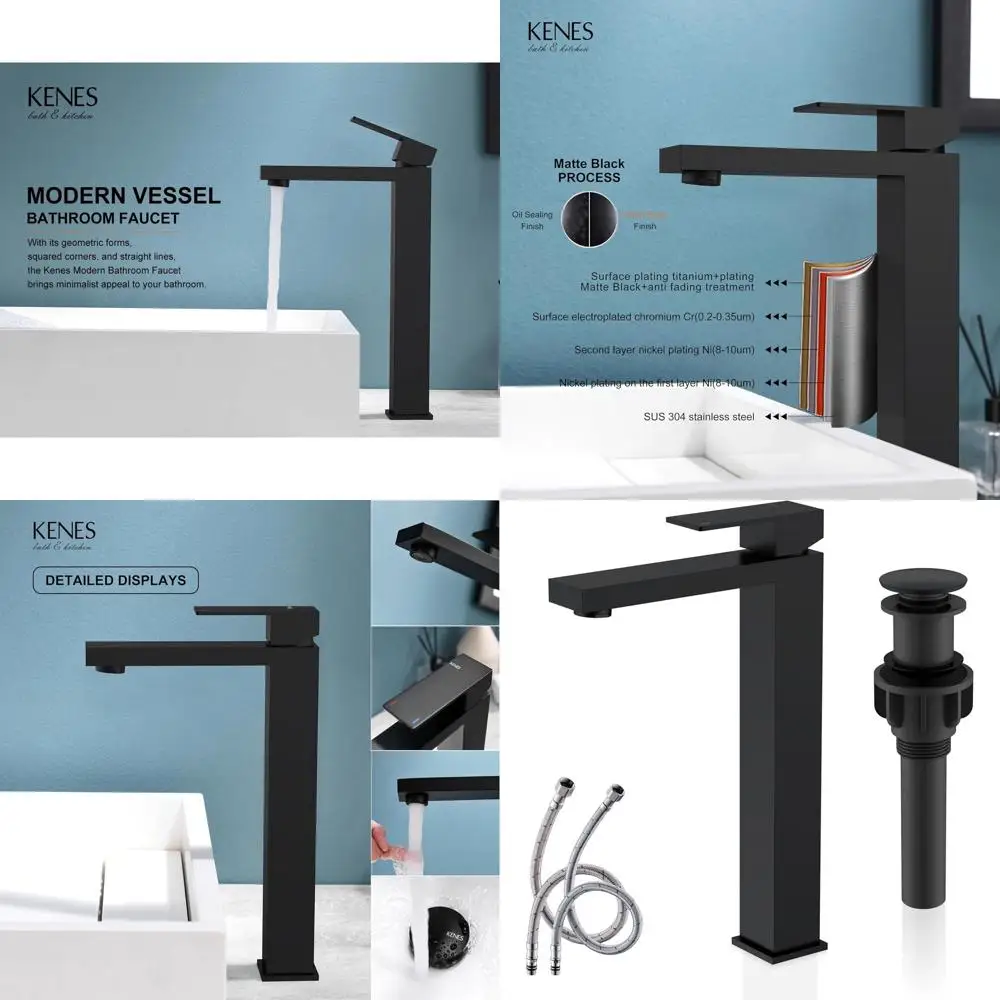 

Single Handle Matte Black Tall Vessel Sink Faucet with Hose & Pop-Up Drain, LJ-9031A-2
