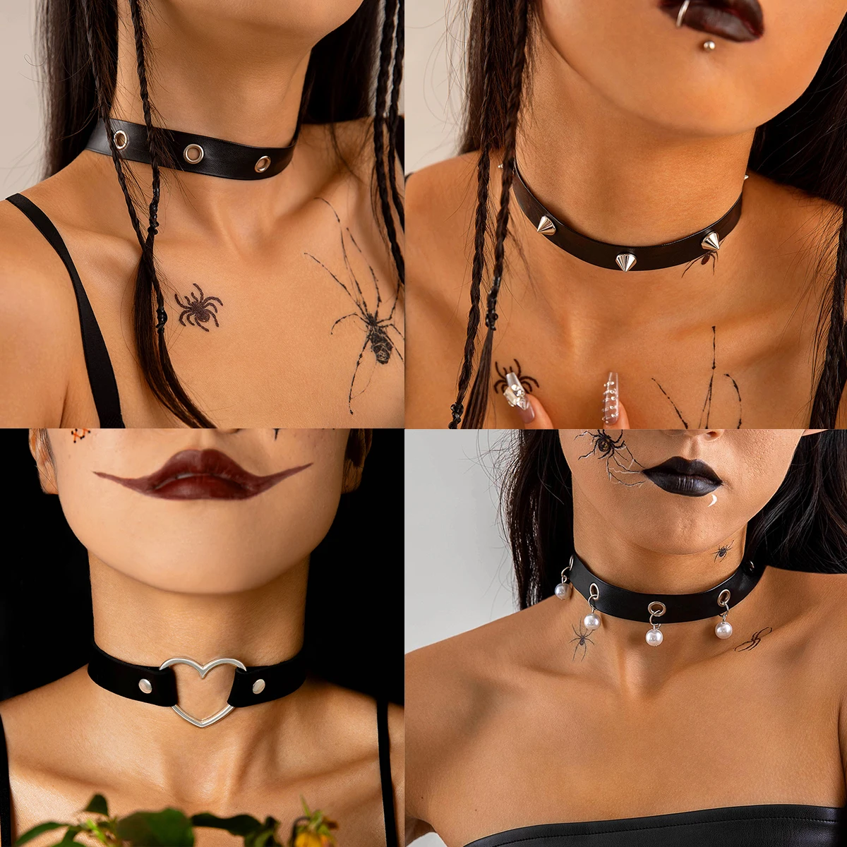 Docona Gothic Black Rivet Choker Chain Necklaces for Female HipHop Heart Pearl Stone Adjustable Leather Jewelry Party Gift