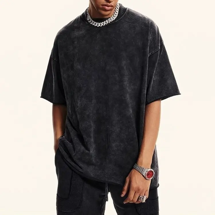 تي شيرت ريترو قابل للغسل من ماركة American Streetwear للرجال، تي شيرت صيفي ثقيل الوزن نصف كم فضفاض بلون سادة #1