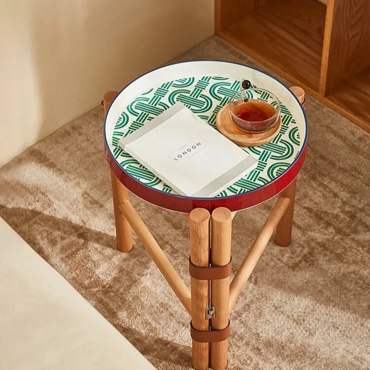 Retro Simple Painted Side Table Small Apartment Coffee Table Bedside Supporter round Tray Solid Wood Table