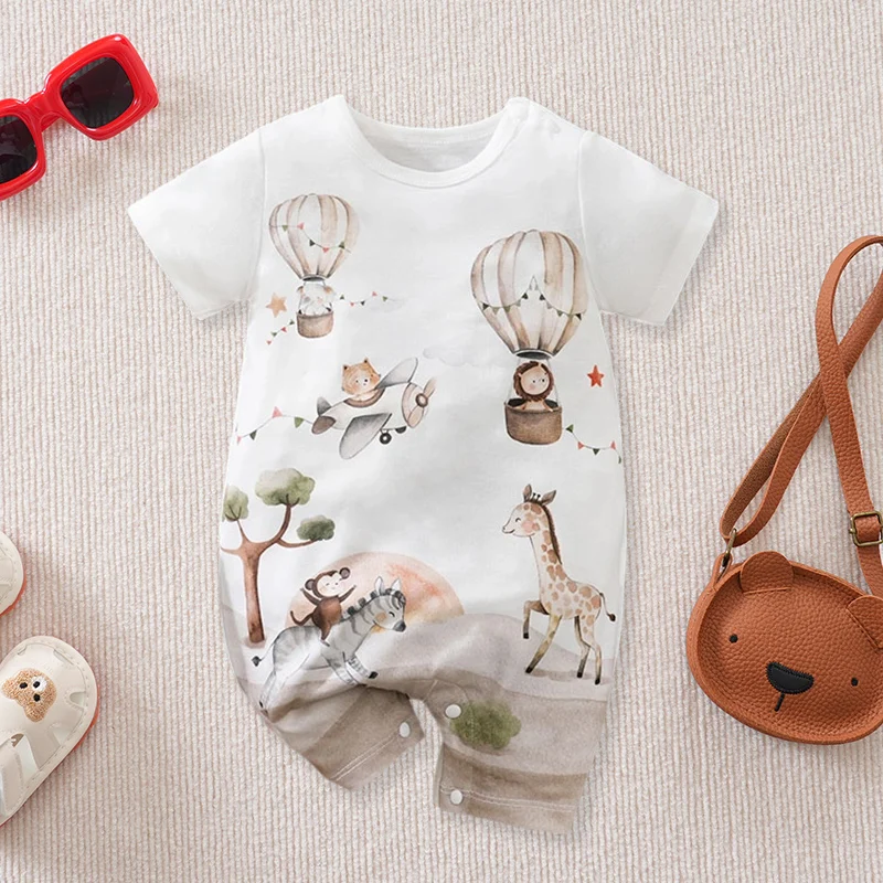 Newborn Baby Boy And Girls Summer Safari Animal Air Balloon Printed Short Sleeve Romper Soft Stretch Daily Jumpsuit 0‑18M