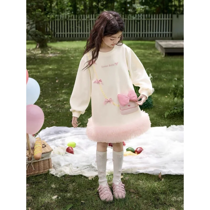 Girls Autumn Dress2025New Girls Cute One-piece Dress Princess Trendy Pink Long-sleeved Sweatshirt Dress