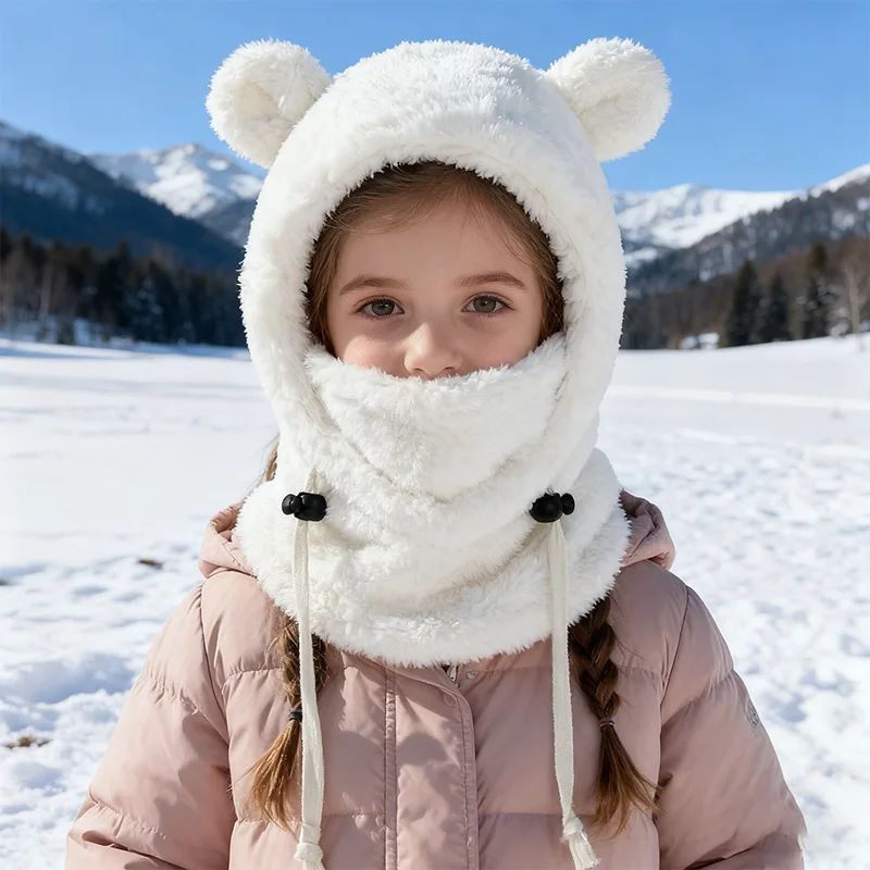 Winter Warm Balaclava for Children Cute Plush Ski Bear Ear Hat Scarf Student Mask Windproof Snow Play Kids Neck Gaiter Age 3-10