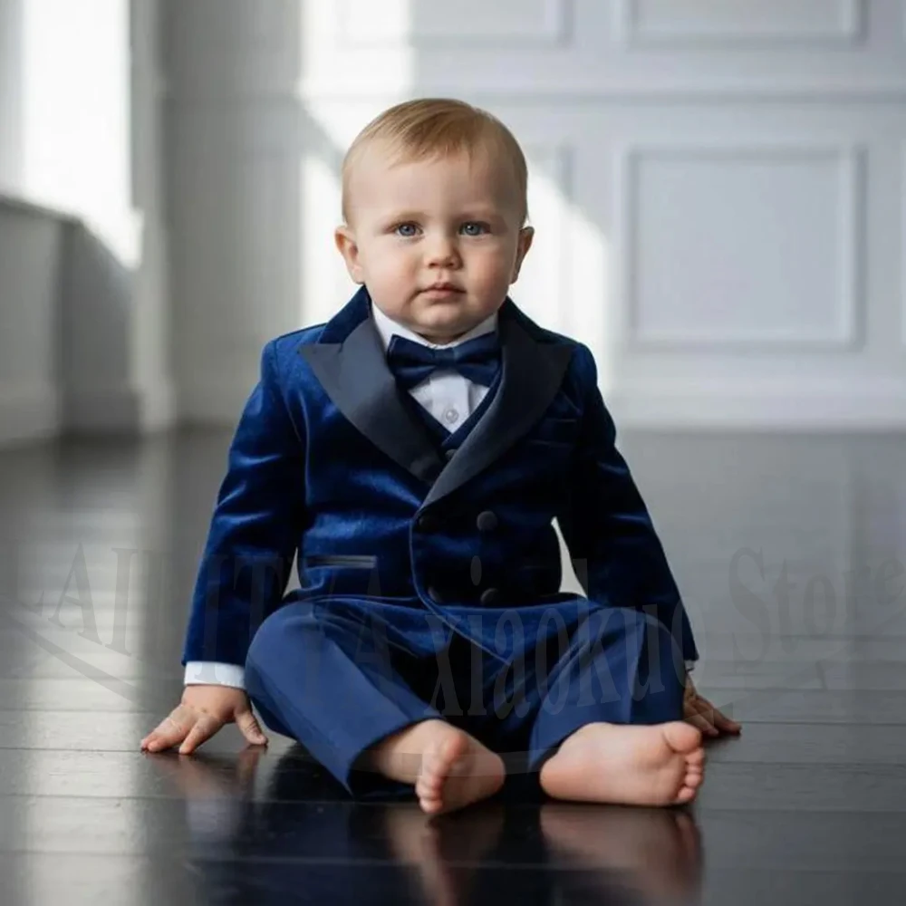 Baby Boys Velvet Suit Set with Black Peak Lapel Double Breasted Outfit Chic Wedding Baptism Birthday Party Tuxedo 3 Piece