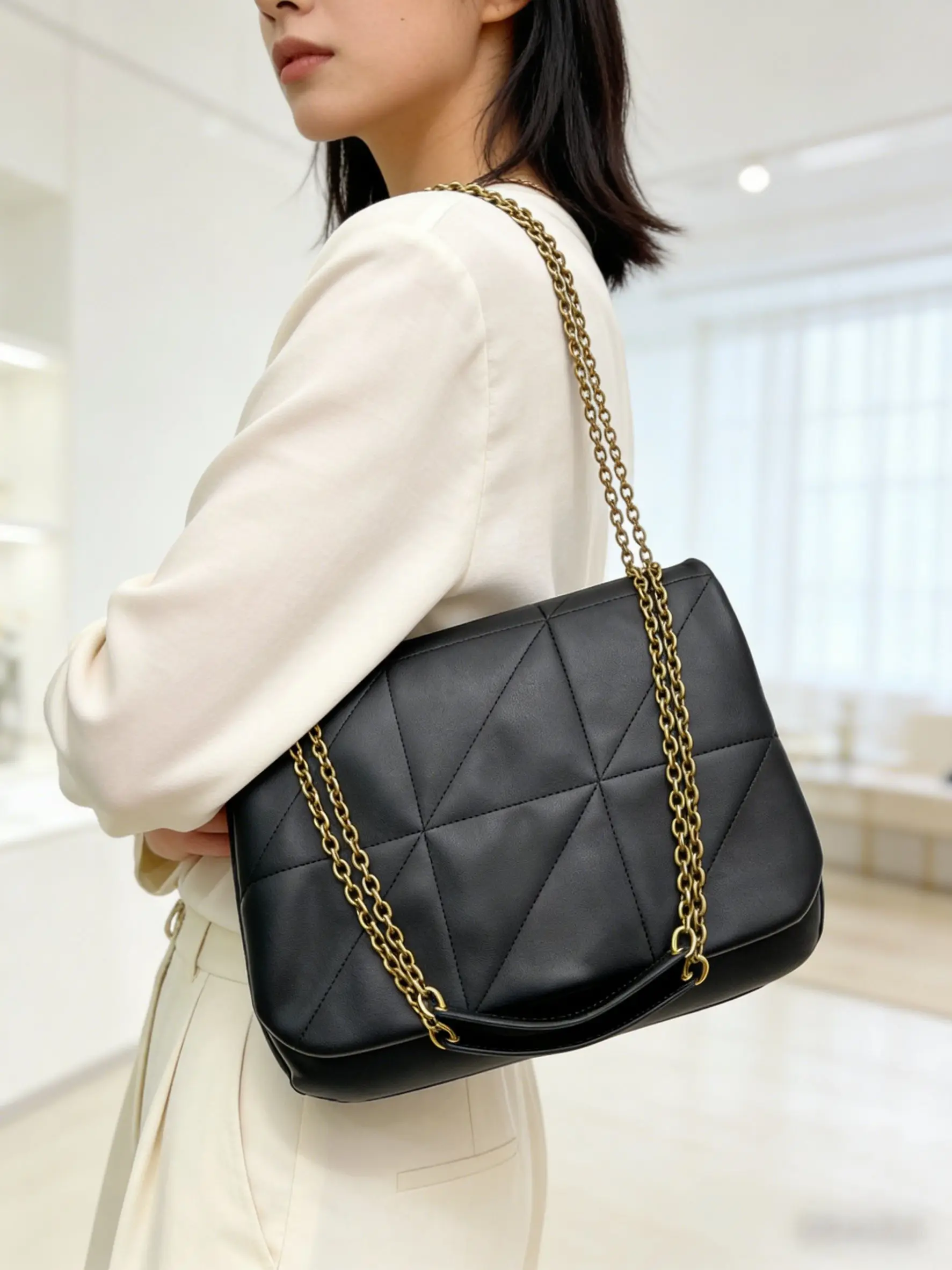 

Trendy Diamond Pattern Small Sheepskin Chain Bag Women's Shoulder Crossbody Bag Underarm Flip Cover Leather Handbag