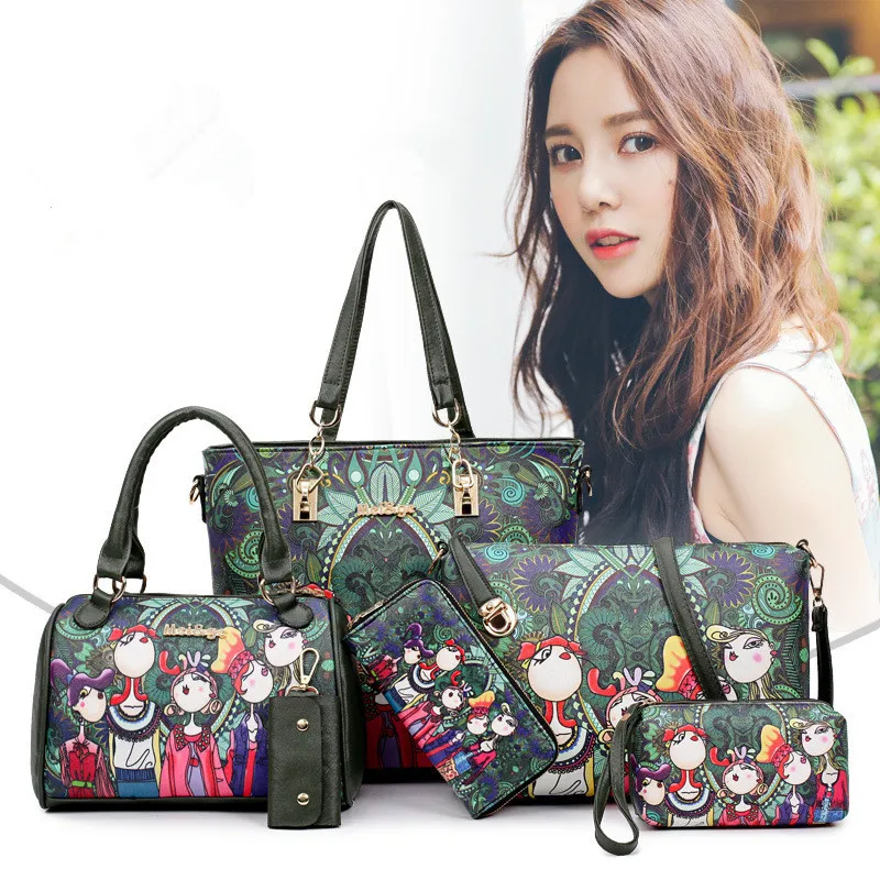 New Luxury Handbags New 6 PCS Set Women Graffiti print Colors Handbag Female Shoulder Bag Travel Shopping Ladies Crossbody Bags