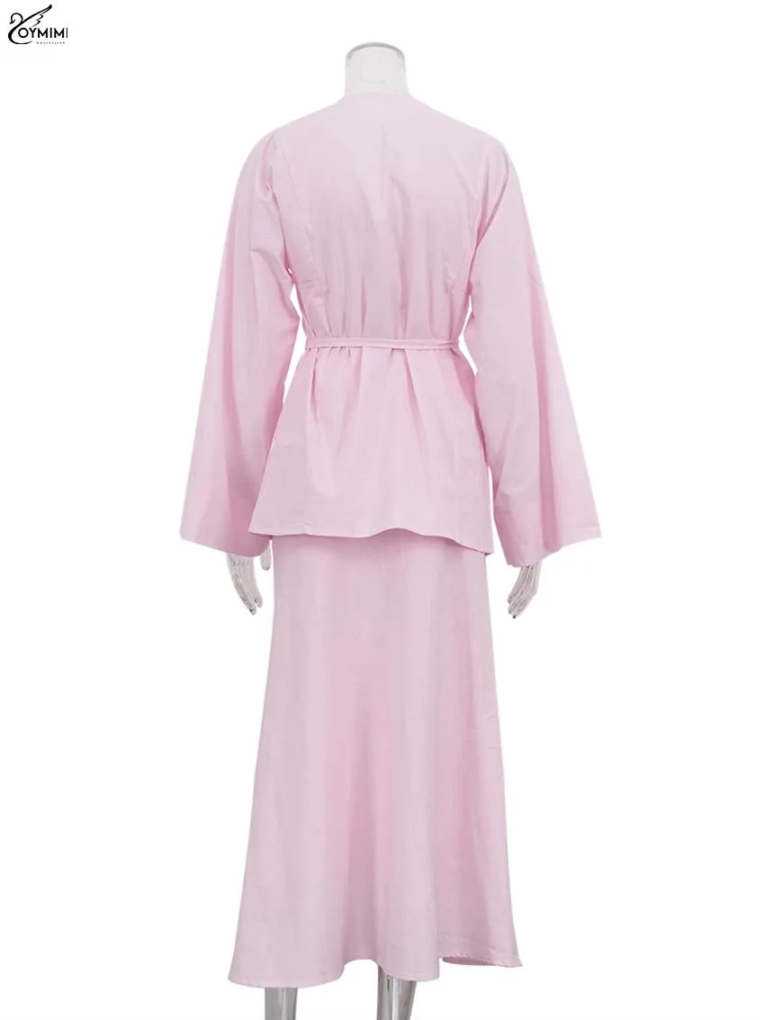 Oymimi Elegant Pink Cotton Two Piece Outfits Woman Casual V-Neck Long Sleeve Lace-Up Shirts And Simple Ankle-Length Skirts Sets