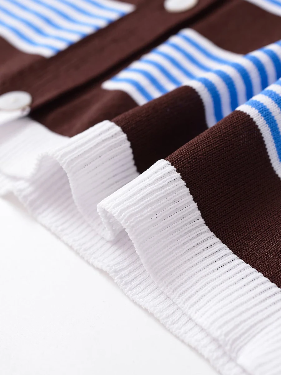 Gestreiftes gestricktes, schlankes Kurzarm-T-Shirt für Damen, Umlegekragen, einreihiges T-Shirt, Sommer, Vintage, lässige Strickjacke, Top-T-Shirts