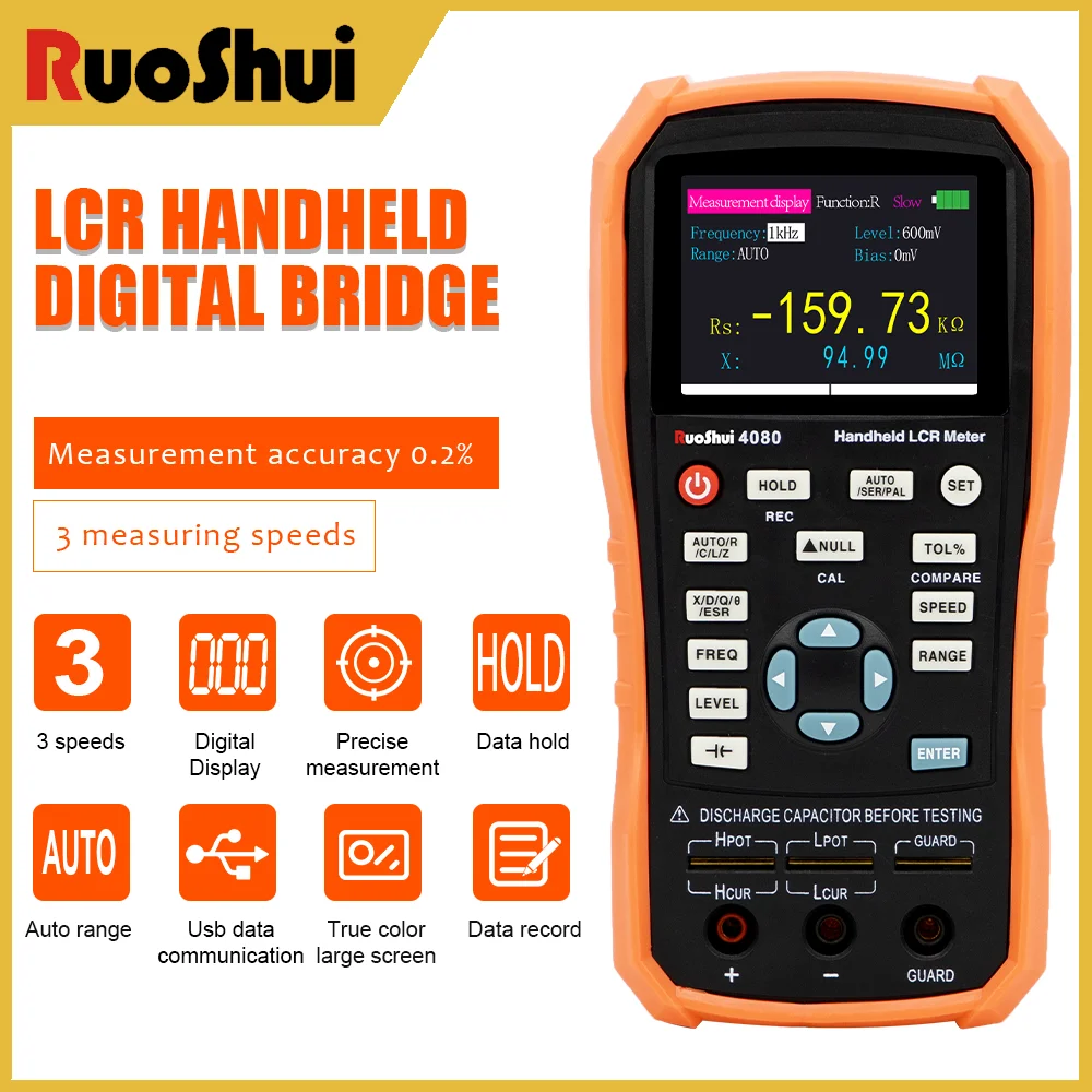 

RuoShui 4082 LCR Handheld Digital Bridge Meter Auto Range 3 Measuring Speeds 100Hz-100kHz Capacitor Inductance Resistance Tester