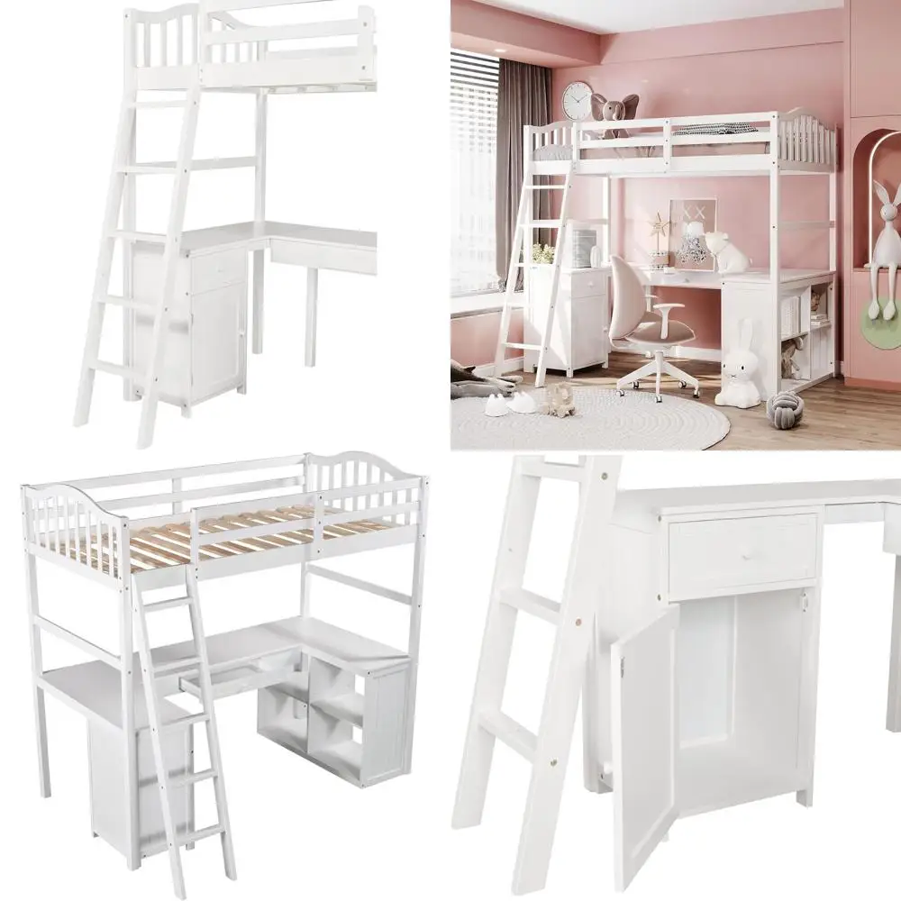 

Twin Size U-Shaped Desk Lot Bed with Storage, Cabinets, Shelves, Safety Rails & Ladder - Space-Saving for Kids, Teens & Adults,