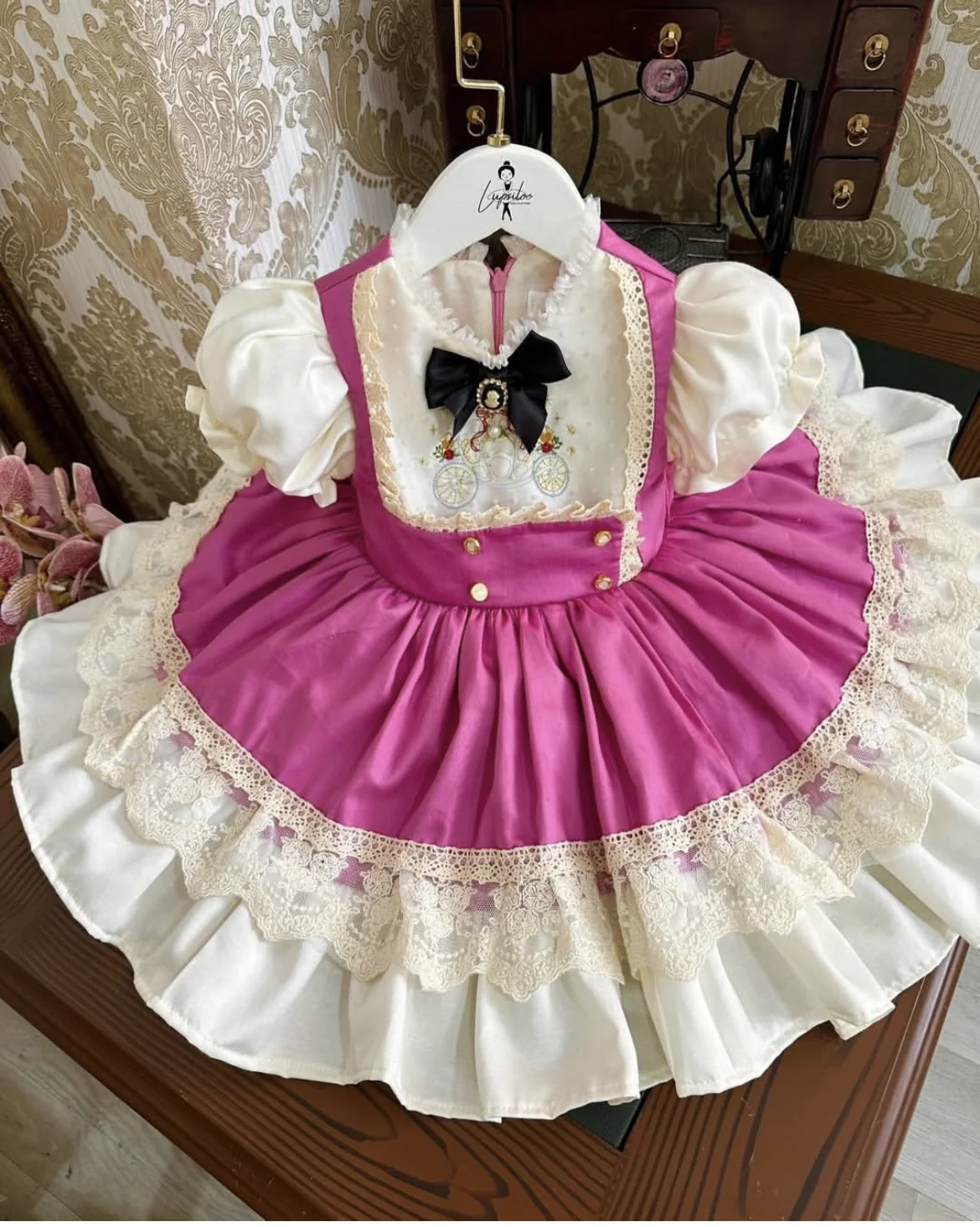 

Baby Girl Summer Pumpkin Carriage Flower Embroidery Rose Red Turkish Dress for Birthday Holiday Photography Eid Party Casual B97