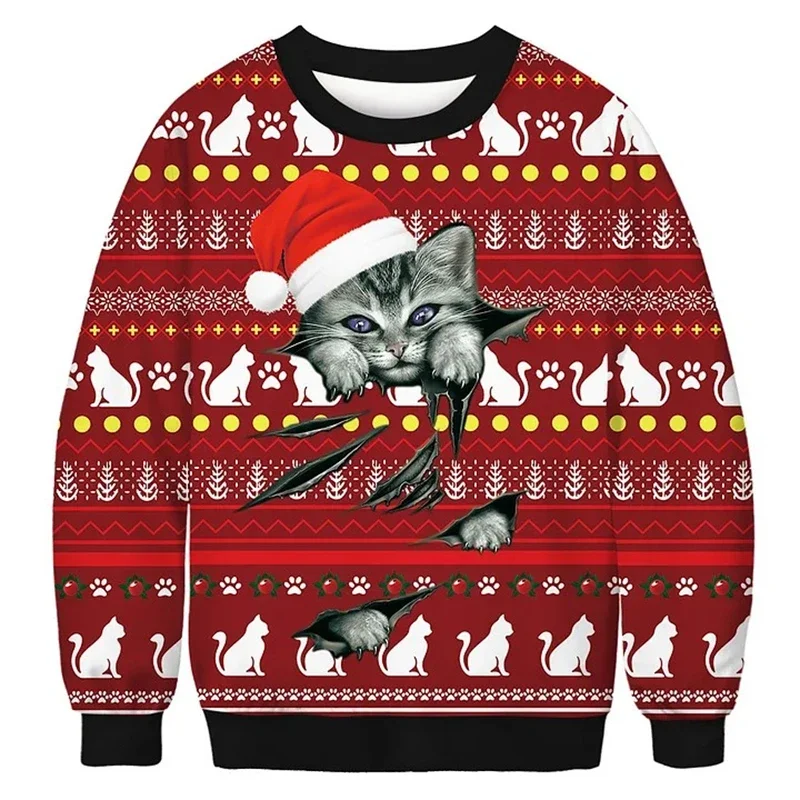 2024 Christmas Cute Cat Sweatshirt 3D Printing Pattern Crew Neck Pullover Sweatshirt Harajuku Fashion Hip Hop Streetwear Hoodies