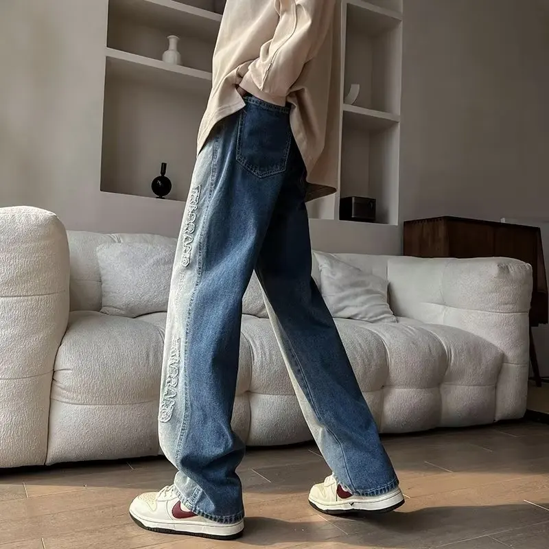 Jeans Männer Farbverlauf Lose Casual Gewaschen Vintage Denim Alle-spiel Patchwork Stickerei Herbst Koreanischen Stil College Täglichen Neue