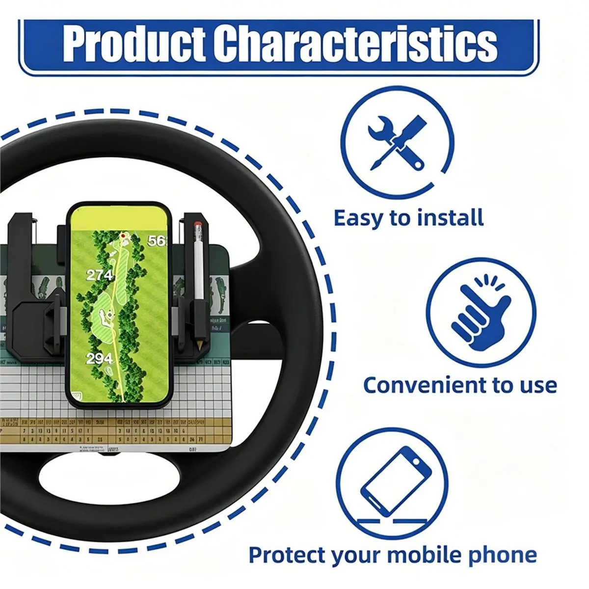 A40I Golf Cart Steering Wheel Cell Phone Mount, Flip Up Phone Holder for for Club Car Mobile Phone Mount