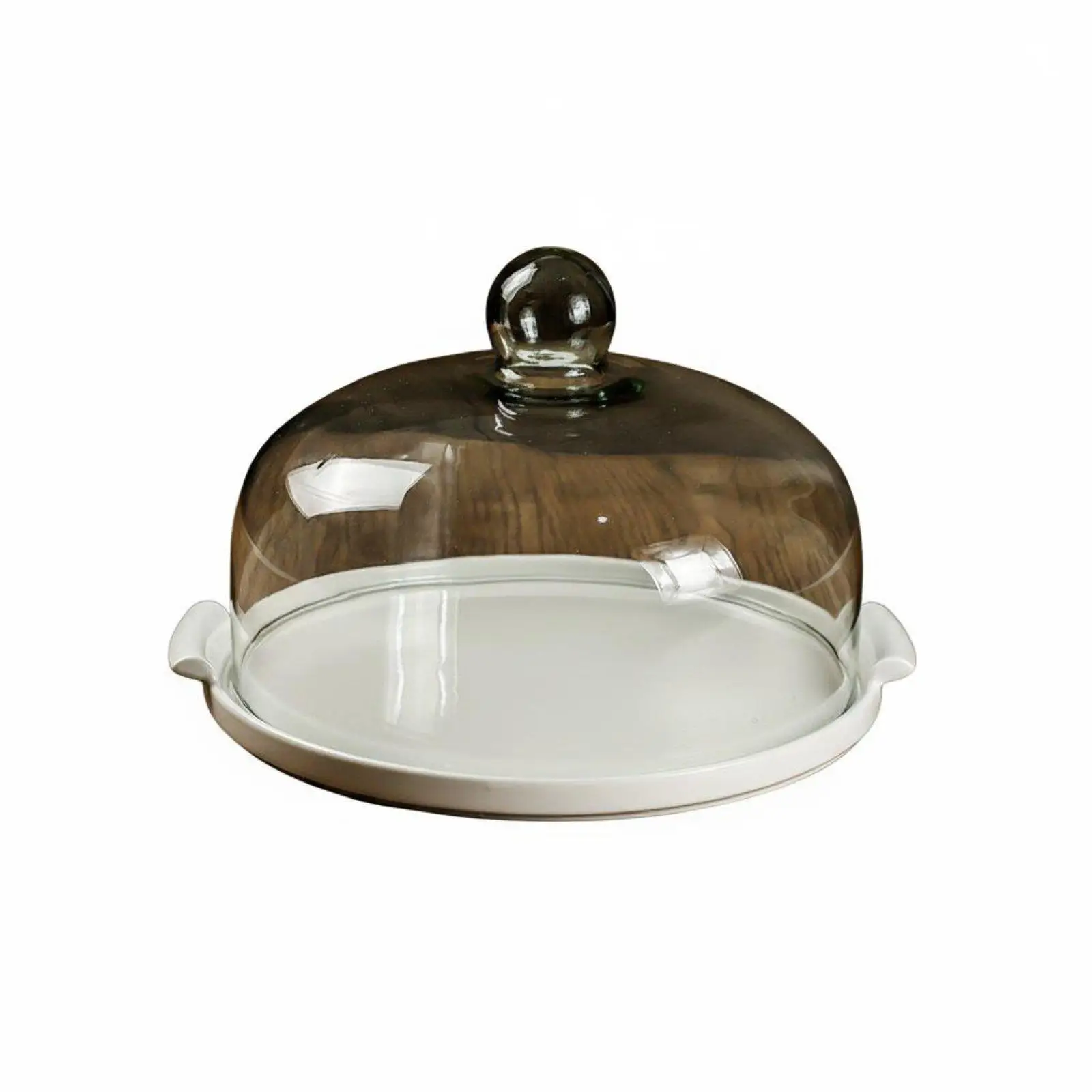 Round Glass Cake Stand with Wooden Base for Pastry Fruit Serving and Bakery Showcase