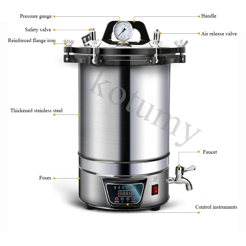 24L Portable High Pressure Sterilizer Stainless steel Steam Sterilization Pot Automatic Sterilization Autoclave Pot