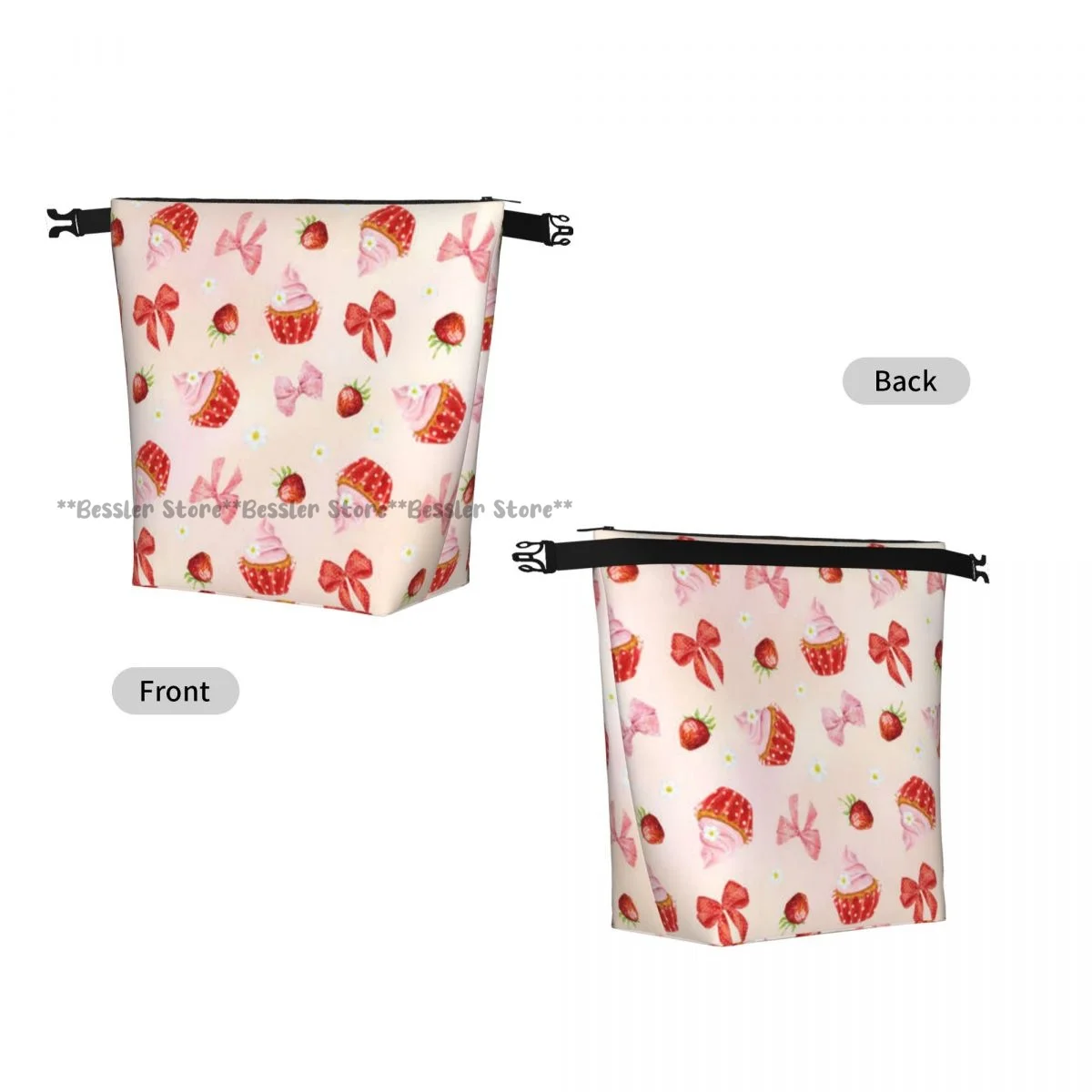 Foldable Roll-Top Thermal Lunch Bag Watercolor Cupcake Bow And Strawberry Peach Insulation Lunch Box Carrier for Picnic Hiking