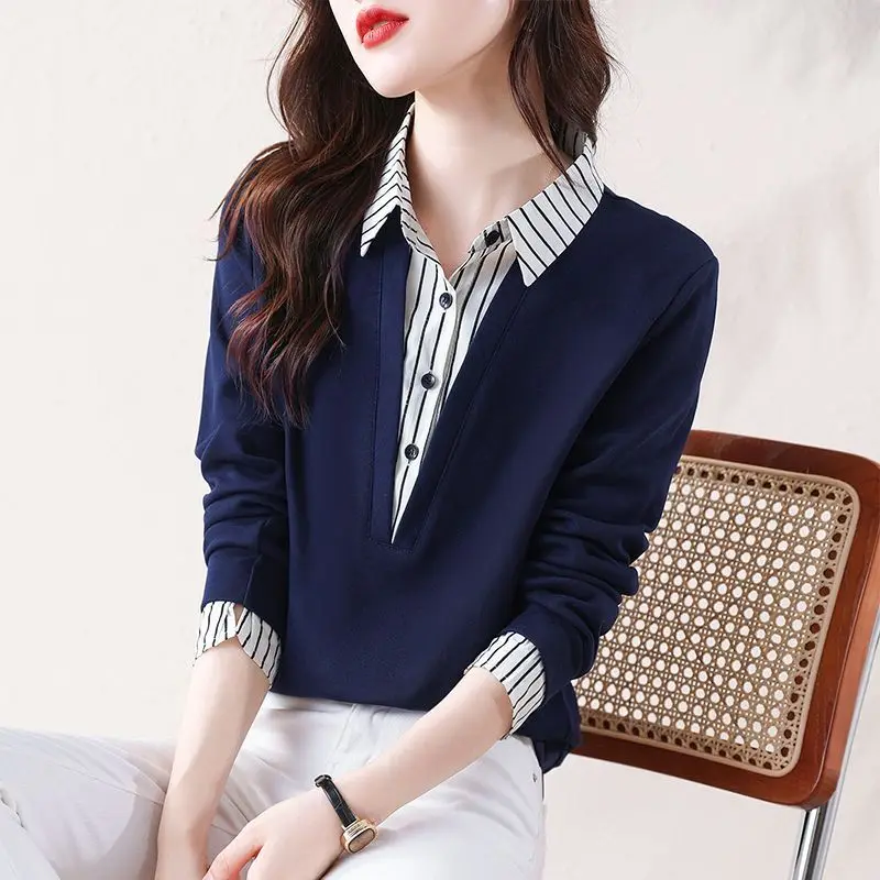 

Fashion Fake Two-piece Long-sleeved Shirt Women's 2026 Spring and Autumn New Large-size Top T-shirt and Bottoming Shirt