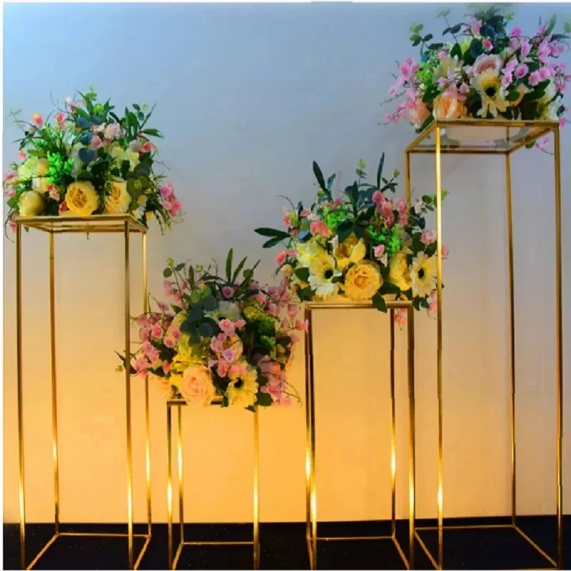 

Gold-Plated Geometric Flower Stand, Wedding Centerpiece, Home Decoration, Shiny Metal, Iron Rectangle, Cuboid Frame Backdrop