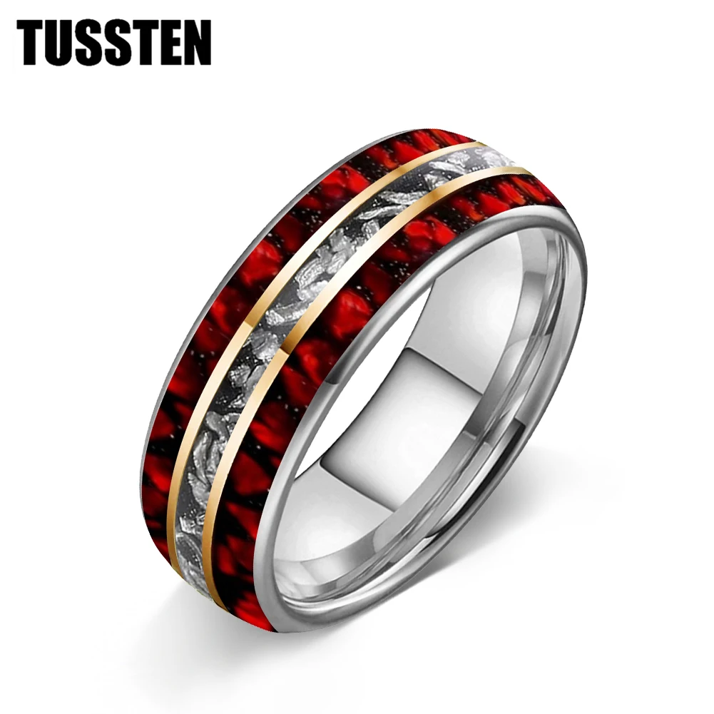 TUSSTEN 8MM Men's and Women's Wedding Tungsten Ring Inlaid Red Opal And Meteorolite Inlay Comfortable Fit