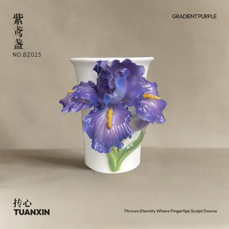 Hand pinched flower purple iris ceramic cup coffee cup master cup birthday gift girl gift