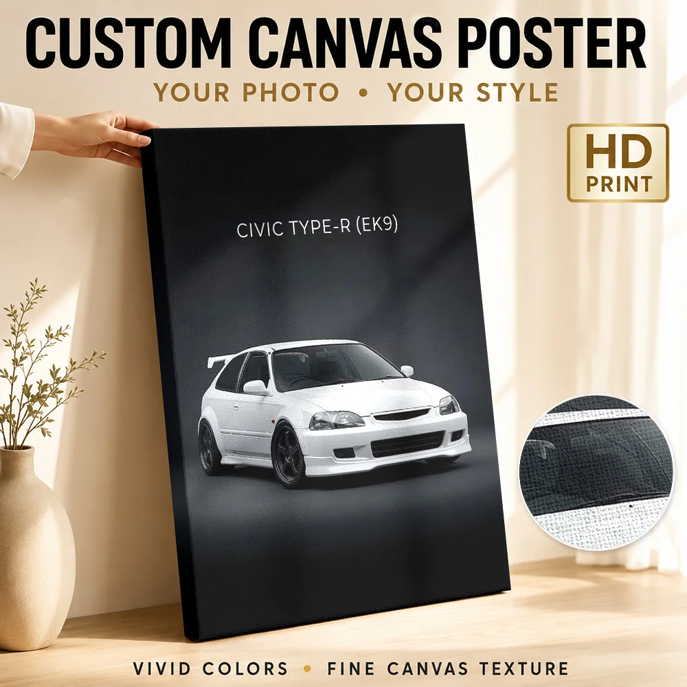 Sports Civic Type-R White Car Canvas Poster Personalized Retro Automotive Wall Paintings Decoration for Man Cave Ready to Hang