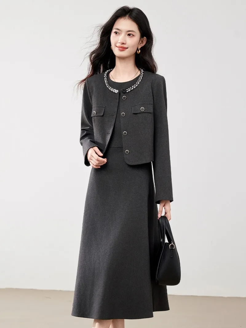 

New Small Fragrant French Two Piece Set Women Autumn High End Fashion Beading Long Sleeve Short Coat + Sleeveless Dress Suit