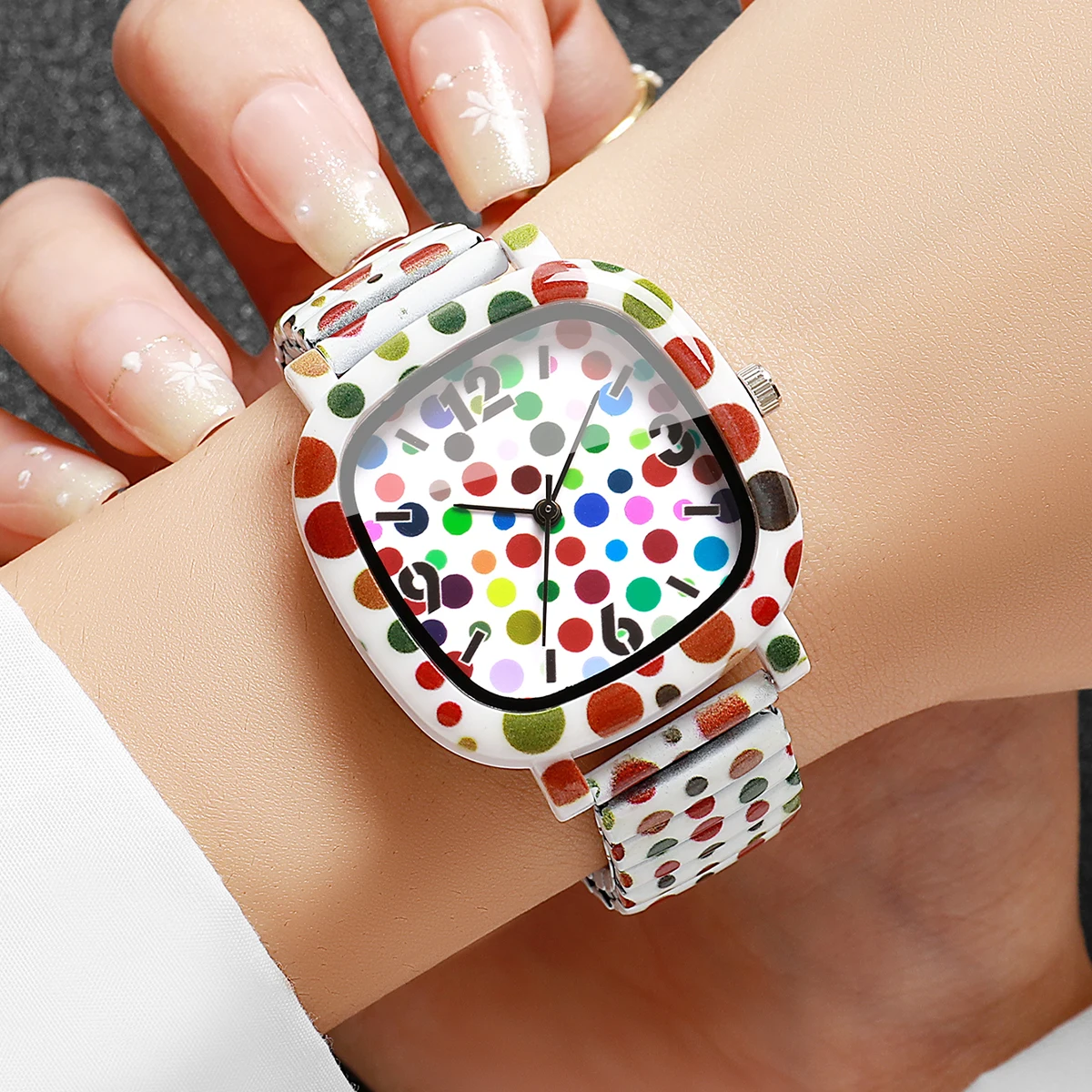 Fashion Square Women Watches Colorful Polka Dot Printed Elastic Stretch Strap Quartz Wristwatch Relogio Feminino（Without Box）
