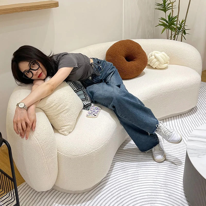 Nordic simple living room sofa small apartment lamb wool light luxury cream style clothing store curved Internet celebrity