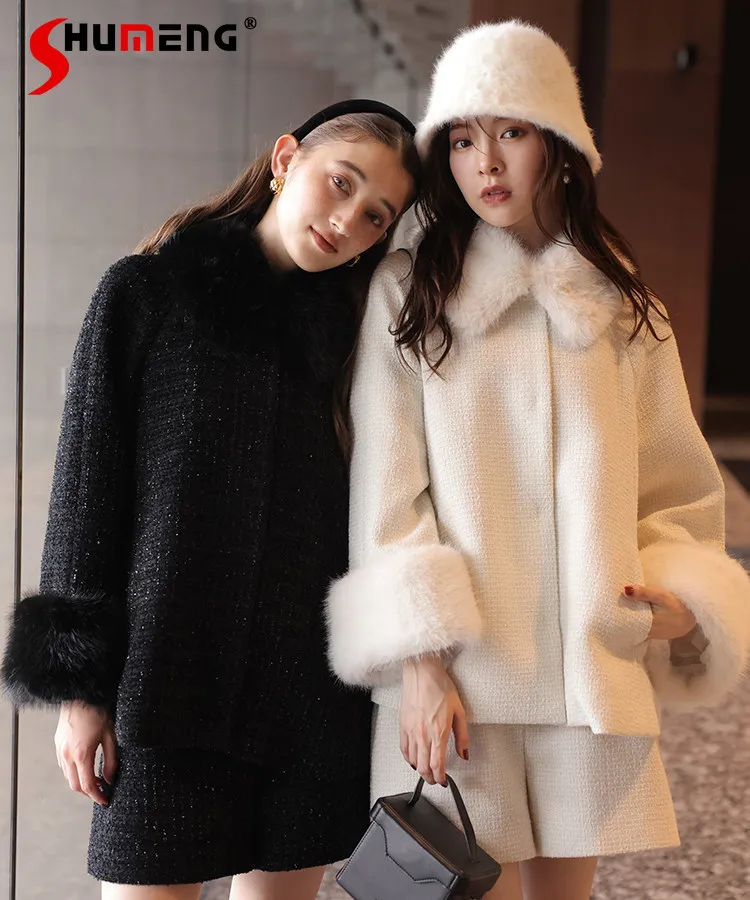 

2026 New Autumn Winter Women's Sweet Elegant Socialite Style Plush Patchwork Jacket Shorts Set Lady Fashion Exquisite Clothing