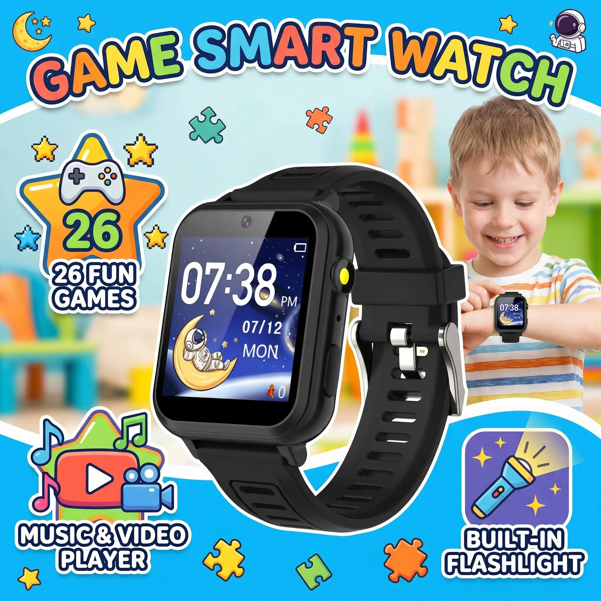 Children's Wristwatch 24 Games Kids Smart Watch Music Play Pedometer Tracker Time Display Video Audio Record Torch Smartwatch