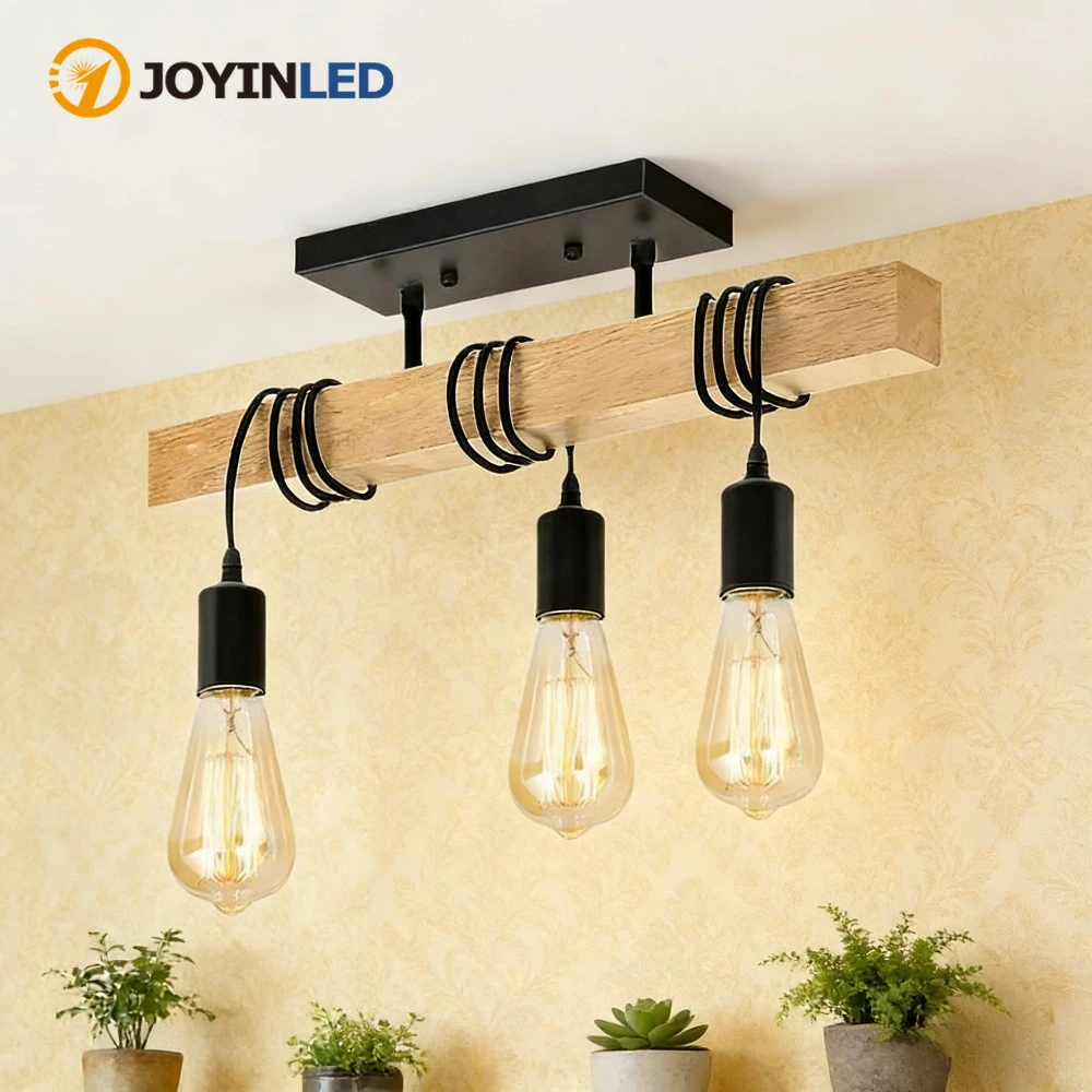 JOYINLED 3 Lights Wooden Long Strip Ceiling Light E27 Black Metal Chandelier Living Room Decorative Lighting Ceiling Suspension