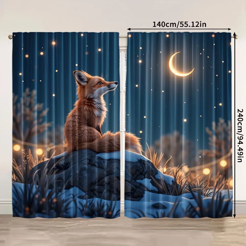 2pcs Fox Under Starry Sky Print Curtains Moon Night Scene Dreamy Design Polyester Window Drapes for Kids Room BedroomLiving Room