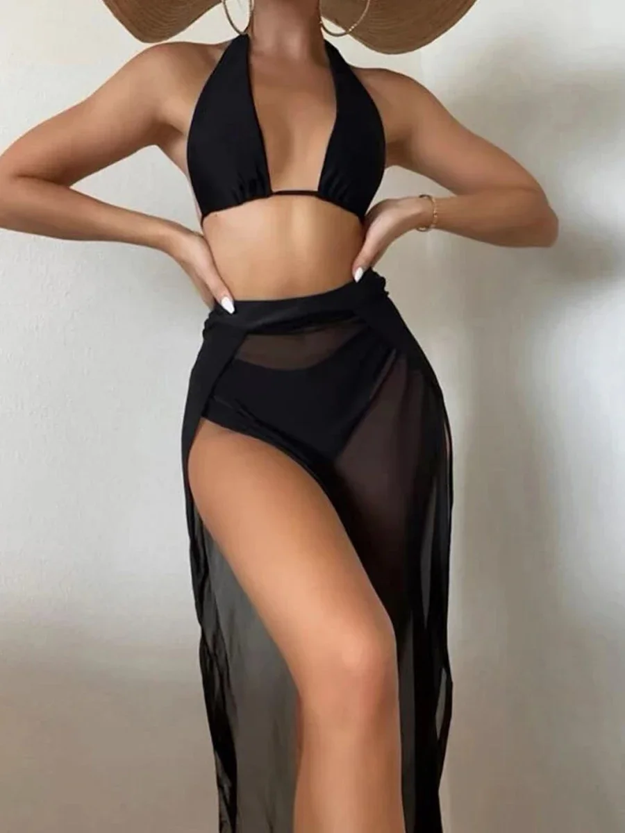 

3 Piece Halter Bikini Swimwear With Cover Up Dress 2023 Women Solid Swimsuit Beachwear Female Bathing Swimming Swim Suit Summer
