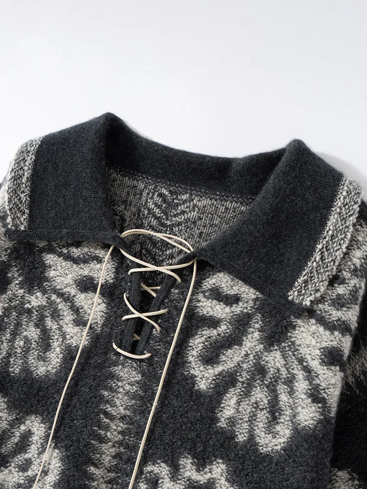 Women's 100% Cashmere Sweater French Retro Tie Turn-Down Collar Fair Isle Pullover Autumn Winter Towel Embroidery Cashmere Tops