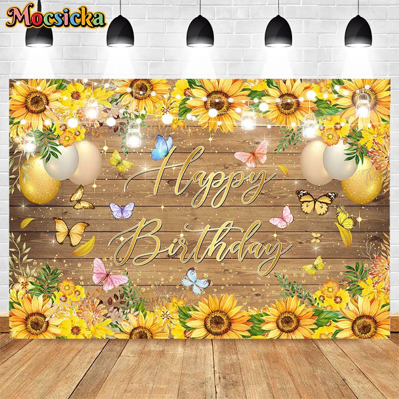 Happy Birthday Photography Backdrop Butterfly Sunflower Wooden Flooring Decoration Newborn Baby Shower Poster Studio Photo Props