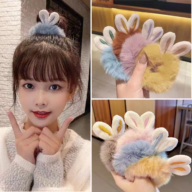 4 Pc Cute Plush Rabbit Ears Scrunchies Hair Ties Fluffy Ponytail Holder Hair Elastics Scrunchy Spiral Hair Ring Hair Accessory