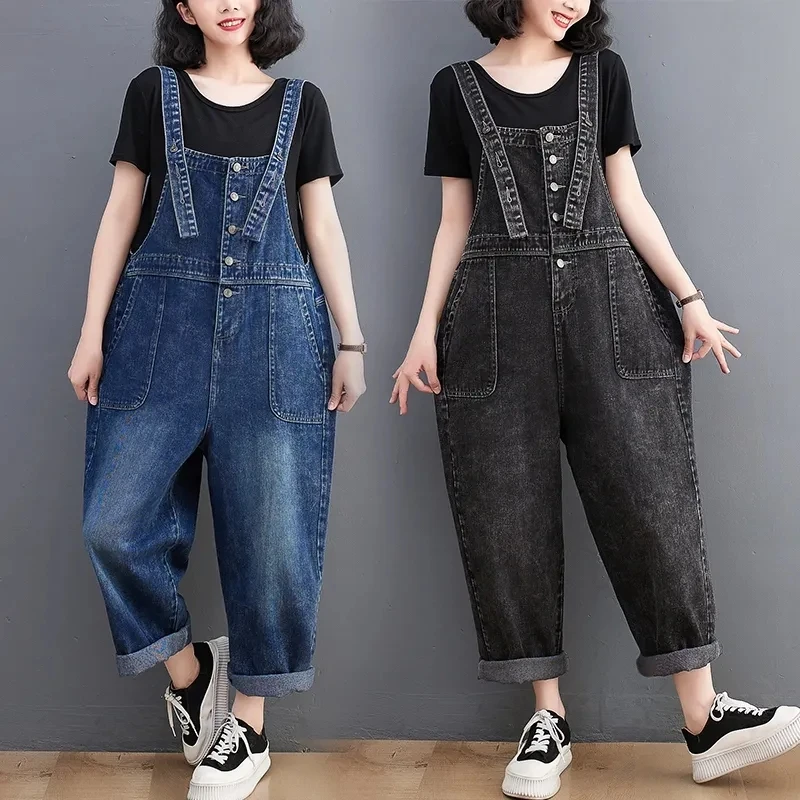 Korean Retro Casual Denim Overalls Women's Spring Summer New Large pockets haren wide leg Jumpsuit Student Loose Casual Jeans