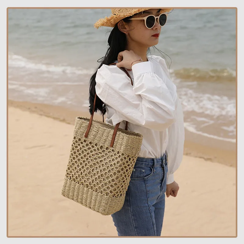 South Korea Contracted Hollow Out Only Straw Bag Ins With Shoulder Hand Woven Bag Female Joker Seaside Holiday Beach Bag