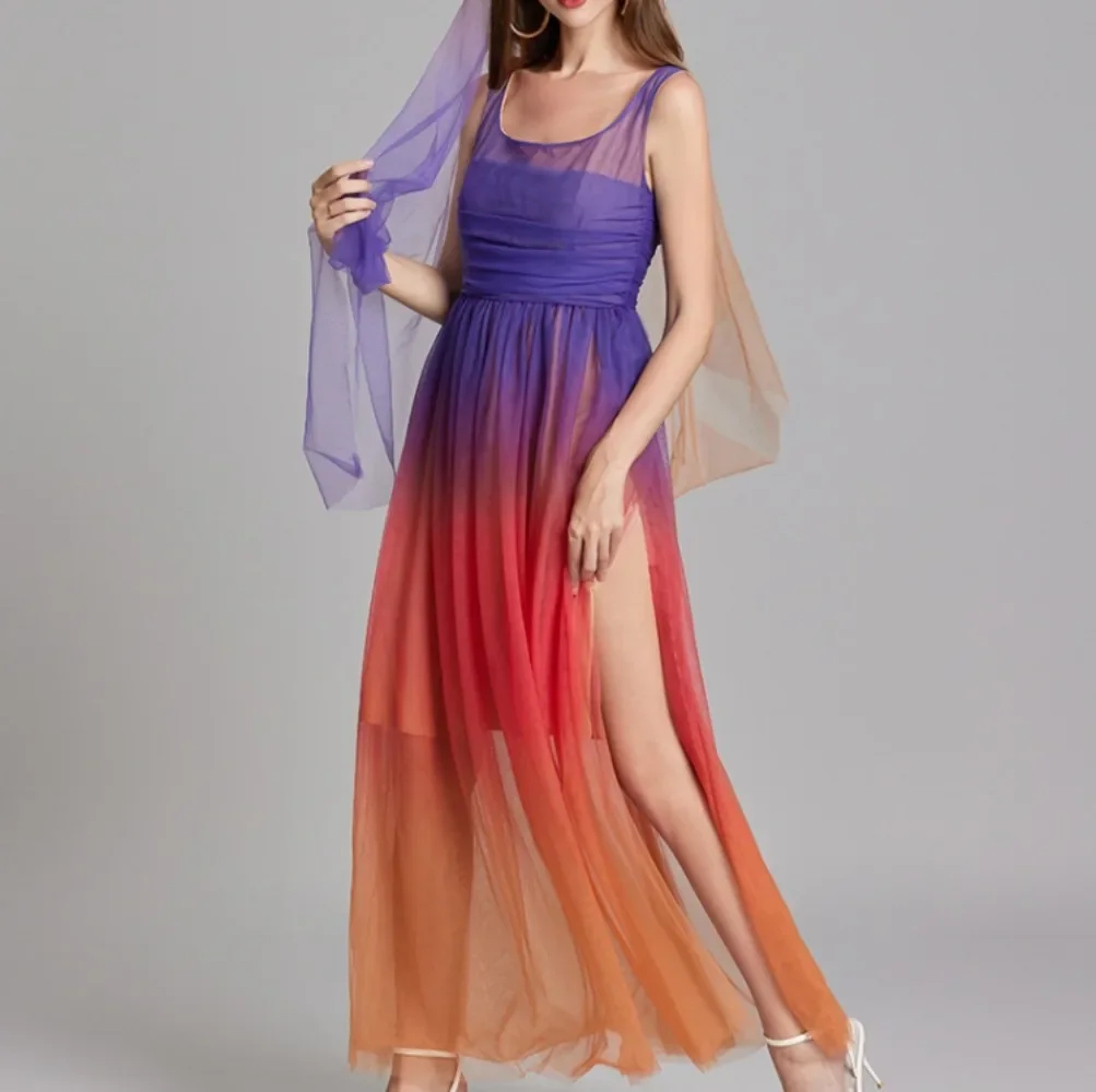 French Elegant Gradient Mesh Pleated Slip Sleeveless  Off Shoulder  Dress Vintage Slim Summer Backless Sweet A-line Dresses