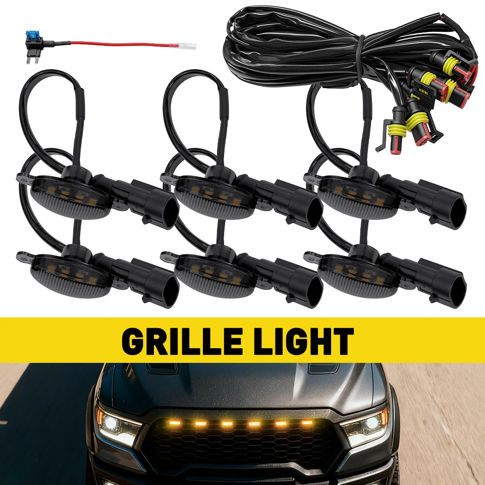 

6Pcs Front Bumper Amber LED Grille Lights Grill Lamps Set Smoked Lens Universal For Front Grille Light Waterproof 12-24V