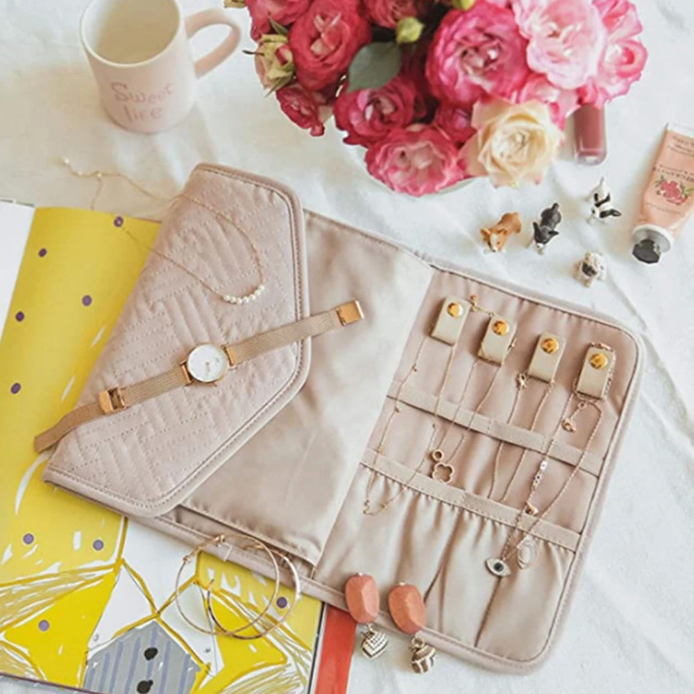 Multiple Jewelry Storage Organizer Bracelet Earrings Accessories Carrying Bag Necklace Brooch Rings Travel Folding Roll Pouch