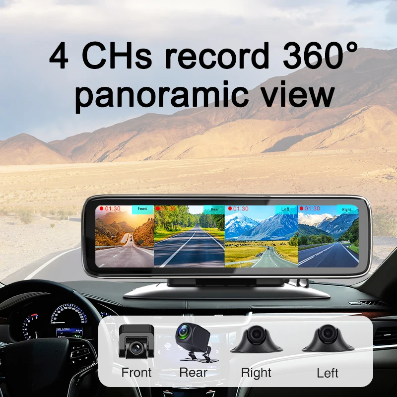 

2025 12 Inch 4 Cams Record Night Vision Car Video Recorder 360 Degree View Touch Screen Smart Mirror DVRs 4 Split Display